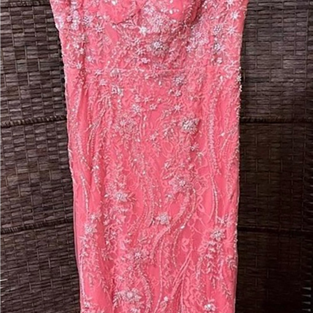 Mac Duggal Strapless Beaded Coral Pink Evening Gown